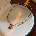 Vintage double layer necklace with tiger eye stone heart pendant in a green jewelry box - 27# Tiger Eye Rice Bead Necklace Set (Gold Plated)