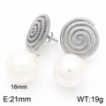 Spiral metal earrings featuring 16mm white round pearls with high luster finish - Spiral Pattern Disk Style (KE116266-GC)