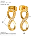 Detail view of 18k gold plated infinity stud earrings with zircon stones and measurements - Round Zircon Infinity Style (SE041G)