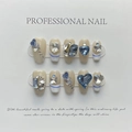Handmade press-on nails with blue hearts, french tips and sparkling rhinestones - Extra Small (XS) / French Blue Heart