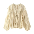 Elegante beige blouse met ruches en lange mouwen met gelaagd design en knopen - Broken Wit