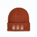 Close-up of three brown cartoon bear embroidery on a dark brown knit beanie hat - M (56-58cm) / Caramel color