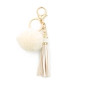 Fashion keychain with beige faux fur pompom, leather tassel and golden metal hardware - Beige