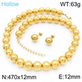 Set in acciaio inossidabile dorato con collana a sfere cave e orecchini a lobo - Set di Orecchini da 12mm Oro (KS221201-GC)