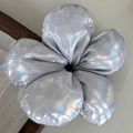 Detailed macro view of large silver flower hair scrunchie with holographic fabric texture - Dazzling Greyish White (Approx. 17.5cm)