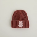 Winter knitted baby hat in deep burgundy color with a cute pink rabbit patch decoration - 44-48cm(8M-2Y) / Wine Red Animal Collection
