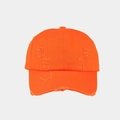 Close-up of orange washed cotton baseball cap featuring vintage distressed torn details - Orange Red