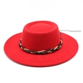 Detail of red wool felt wide-brim fedora with red, black and gold woven decorative band - M (56-58cm) / Red