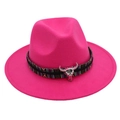Detail of rose red wool felt fedora with ethnic band and silver bull skull charm - Rose Red (Colored Steer)