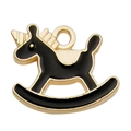 Black enamel unicorn rocking horse pendant with gold-plated trim for DIY jewelry - Rocking Horse 13x16mm
