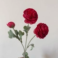 Artificial deep red Ranunculus flower spray with three realistic flocking heads - Red