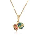 Gold necklace with red tram pendant and round enamel night city charms on white background - City Night View and Bus