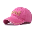 Detail of rose red washed cotton baseball cap with gold 3D embroidery and vintage texture - Adjustable / Rose Red
