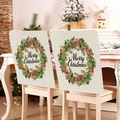 Pair of beige linen Christmas chair covers with Merry Christmas wreaths for dining rooms - Beige Christmas Wreath (YT01-1)