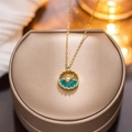 Golden titanium necklace with whale jumping out of ocean blue waves pendant - 8822 Golden Life With You