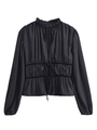 Detail einer schwarzen französischen Bluse mit Plissee-Kragen und Bindebändern - XS / Schwarz