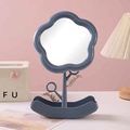 Blue flower-shaped makeup mirror with storage base and adjustable angle for desktop - Blue