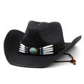 Bohemian black straw cowboy sun hat with ethnic beadwork and turquoise stone detail - M(56-58cm) / Black
