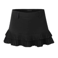 Detail view of black low waist pleated skirt featuring belt loops and layered hem design - S / Black