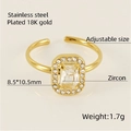 Anello regolabile in acciaio inossidabile placcato oro 18K con zircone, 8.5x10.5mm - Rettangolo Trasparente (ZR592G-01)