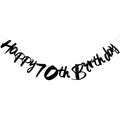Black Happy 70th Birthday banner with glitter finish and elegant hanging strings - 70th Birthday Glitter Style / Black