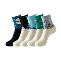 Detail view of five pairs of colorful Christmas theme cotton socks with holiday patterns - White Christmas Theme Set