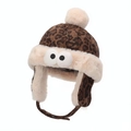 Chapeau d'hiver léopard pour enfants avec cache-oreilles en peluche et yeux mignons - 50cm (Recommandé 1-2 Ans) / Style Décoration Gros Yeux 3D / Café