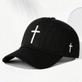 Black cotton baseball cap with white cross embroidery shown from a 45-degree angle - One Size / Black