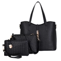 Ensemble de sacs à main trois pièces noirs texturés tressés avec sac cabas et pochette - Set de 3 pièces / Noir