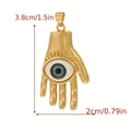 Golden hand-shaped pendant with blue evil eye charm and specific dimensions shown - 21-Evil Eye Palm