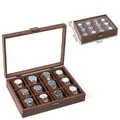 Brown 12-slot faux leather watch display case with glass lid and metal lock 35x25.7x8cm - 12-Slot Walnut Wood Box