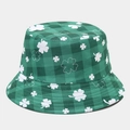 Detail shot of the green plaid fabric and clover embroidery on the foldable bucket hat - M / Green White Plaid Shamrock (8#)
