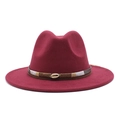 Close-up of burgundy fedora with decorative leather band and golden shell buckle - Burgundy