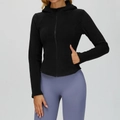 Slim fit black hooded sports jacket with zipper and fleece lining for outdoor fitness - S / Premium Black