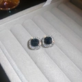 Detail of square dark gemstone stud earrings with a shimmering halo on velvet tray - 75# Silver Pin Rhinestone Square Hollow Stud Earrings (Black Zircon)
