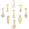 9-piece gold stainless steel belly ring set with clear cubic zirconia and opal stones - Gold 9pcs Set