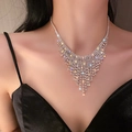 Elegant silver V-shaped fringe necklace with pavé zircons and pearls for women - Regular Silver Necklace (No.31)