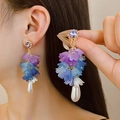 Detailed view of long gradient purple petal earrings with drop pearl on model - Purple to Blue Gradient Petal Tassel Style (2# Silver Earring Post - Purple-Blue)
