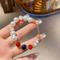 French style pearl bracelet with white cat-eye stones and red blue beads on gold cuff - 82# Bracelet-Gold-White-Red