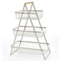 3-tier cream white metal fruit basket with wooden handle for kitchen countertop storage - 3-Tier White