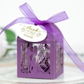 Purple laser cut wedding candy box with bride and groom silhouette and ribbon - Dark Purple