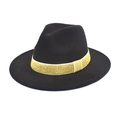 Close-up of black wool felt fedora featuring a decorative gold glitter band for winter - Black