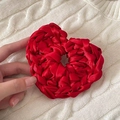 Red heart-shaped hair scrunchie in glossy woven satin finish for elegant styling - Heart / Red