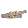 Women's minimalist beige leather belt with a golden C-shaped metal buckle on white background - Khaki / 106