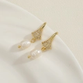 Detail of 14K gold plated earrings with pave cubic zirconia and baroque freshwater pearls - Fan Shaped Freshwater Pearl Earrings