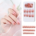 Nude pink to deep pink gradient press-on nails with fine gold glitter edges, 24pcs set - F785-7 Pink Gradient Gold Glitter