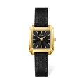 Minimalist square women's watch with golden case and black leather strap on white background - Gold Case Black Dial Black Strap