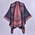 Navy blue and pink floral paisley jacquard knitted shawl wrap poncho for women - 135x155cm / Paisley Vine Navy