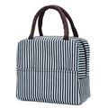 Insulated lunch bag with classic black and white stripes and brown handles for daily use - Black and White Stripe M22