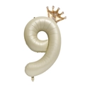 Creamy beige number 9 foil balloon featuring a glittery gold crown for party decorations - Cream White Crown Number 9